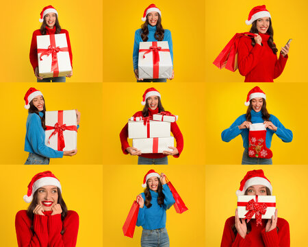 A woman wearing a Santa hat and colorful sweaters is joyfully preparing for Christmas. She is surrounded by beautifully wrapped gifts, showcasing a festive atmosphere and excitement.