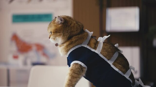 Portrait of a cute cat wearing post surgery clothing, spay or neutering recovery