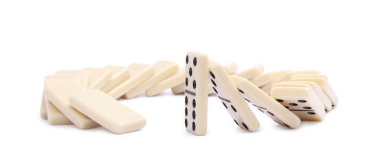 Domino effect. Tiles falling on white background