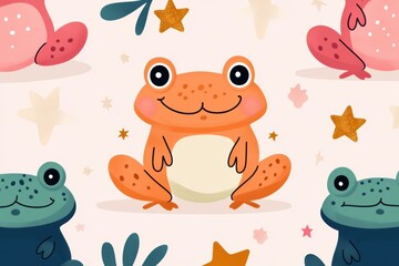 Obraz premium festive frog pattern, illustration of joyful frogs and twinkling stars on a pink background for easter, with a cute doodle pattern and room for text