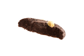 Piece of tasty chocolate nut cookie isolated on white