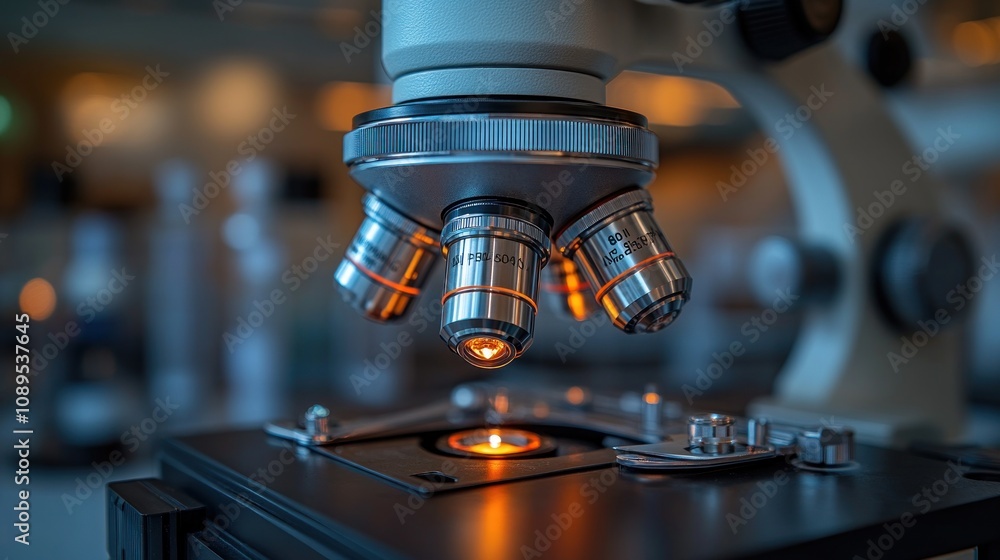 Poster close-up of a microscope in a lab.