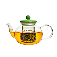 Hot green tea in glass teapot on transparent background