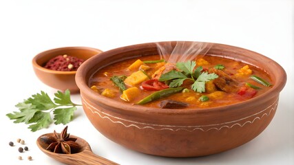 Sambar Stew in Clay Bowl Isolated on White Background, Delicious Sambar Stew in Clay Bowl  
