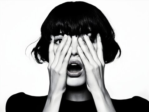 recommend clip art: Startled Woman Covering Face in Shock with High Contrast Lighting