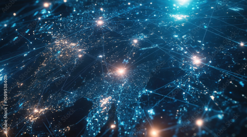 Poster a digital map of the world with glowing connections between cities, representing global network and 