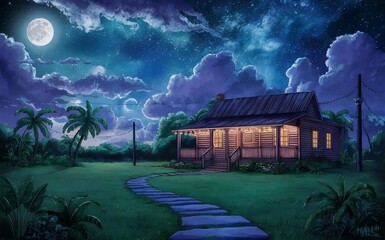 A mesmerizing illustration of a serene rural night scene, with a quaint wooden house illuminated by warm, cozy lights on its porch.