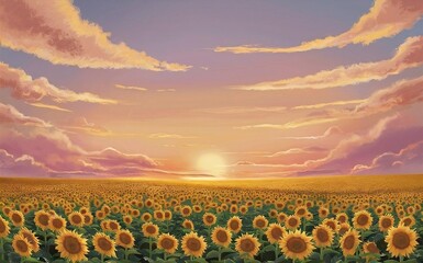 A breathtaking illustration of a vast sunflower field extending to the horizon, bathed in the warm glow of a golden sunset.