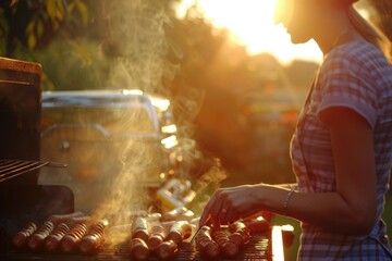 Obraz premium A woman cooking hot dogs on an outdoor grill