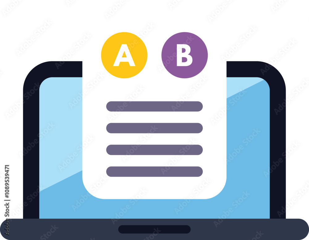 Poster laptop displaying online survey with two options for ab testing, gathering data for marketing resear