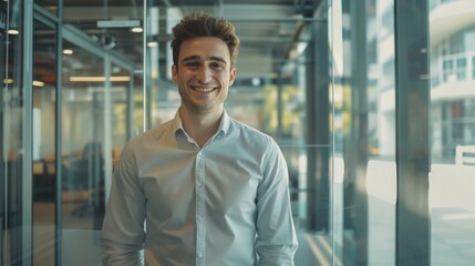 Fototapeta premium A person standing in front of a transparent glass wall, possibly separating two spaces