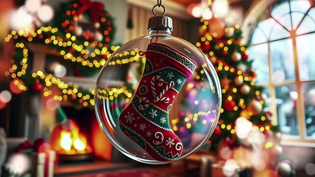 Cute Santa Claus Sock Christmas Ornament in Clear Glass Bubble