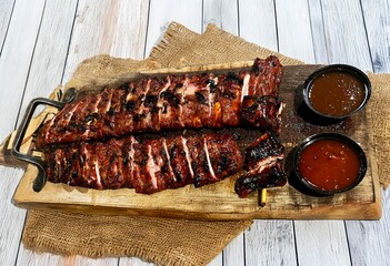 Baked meat on fire with sauce lie on a wooden surface
