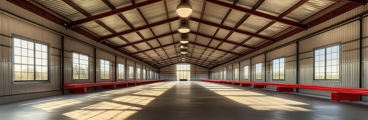 Wide shot of a large metal barn interior with red benches and lighting.