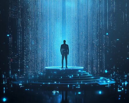 Visionary Leader Standing on Glowing Podium Surrounded by Holographic Data Inspiring Team to New Heights