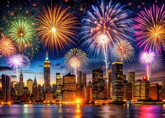 An awe-inspiring AI creation depicts New Year's fireworks exploding over the New York City skyline, illuminating the midnight sky with brilliant colors and festive energy.