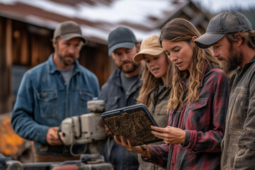 Fototapeta premium Farmers collaborating through digital technology in a rustic setting