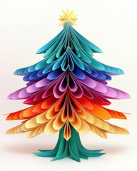 Obraz premium Christmas origami, A vibrant, handmade paper Christmas tree featuring layered, colorful petals in a gradient pattern, topped with a golden star.