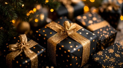 Elegant Black And Gold Christmas Presents Under Tree