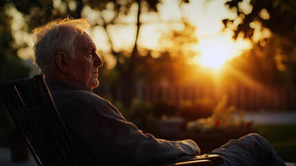 Elderly man sitting alone with his memories at sunset