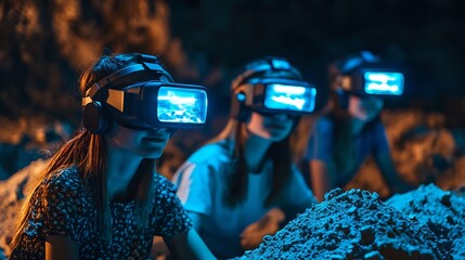 Students Exploring Virtual Archaeological Dig Site with Glowing VR Headsets EdTech Innovations in Learning Concept