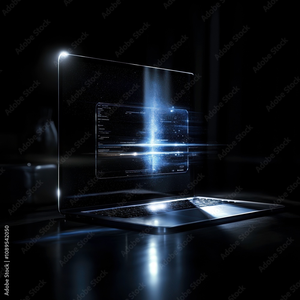 Poster conceptual image of laptop displaying glowing interface, symbolizing privacy mode and digital securi