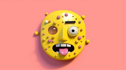 Funny plastic face with asymmetrical elements of features. Emoji with bulging eyes and showing tongue. Emotion for communication. Illustration for a banner, poster, cover, brochure or presentation.