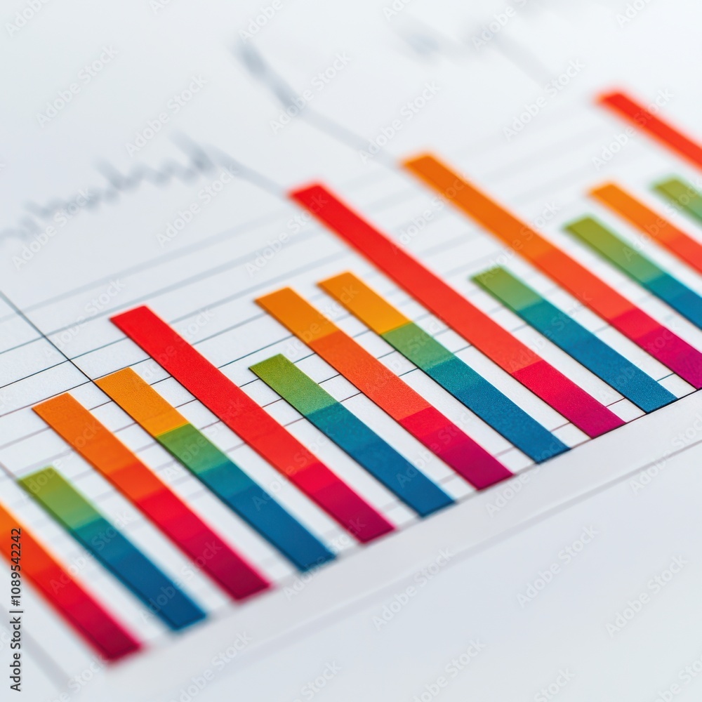 Poster keyword optimization visibility, colorful bar graph showcasing data trends with vibrant segments rep