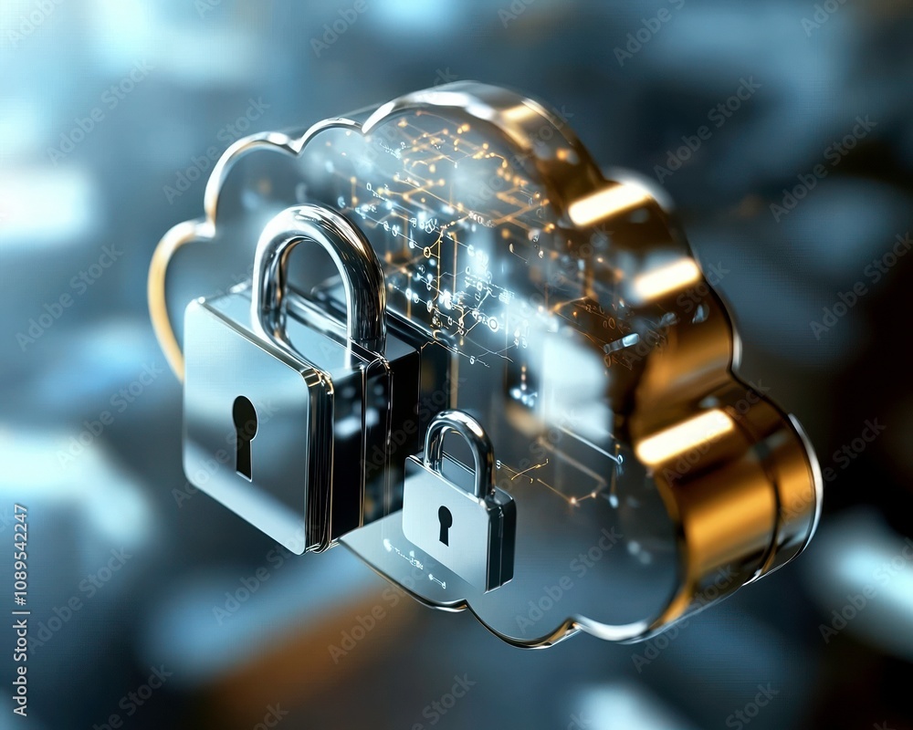 Poster secure cloud icon with floating padlocks symbolizes data protection and security. this represents mo