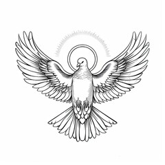 Fototapeta premium Dove surrounded by rays of light. The concept of faith, soul, peace and hope. The bird is depicted in black and white style. Illustration for cover, postcard, card or print.
