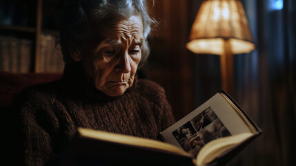 Obraz premium Elderly woman looking at an old photo album