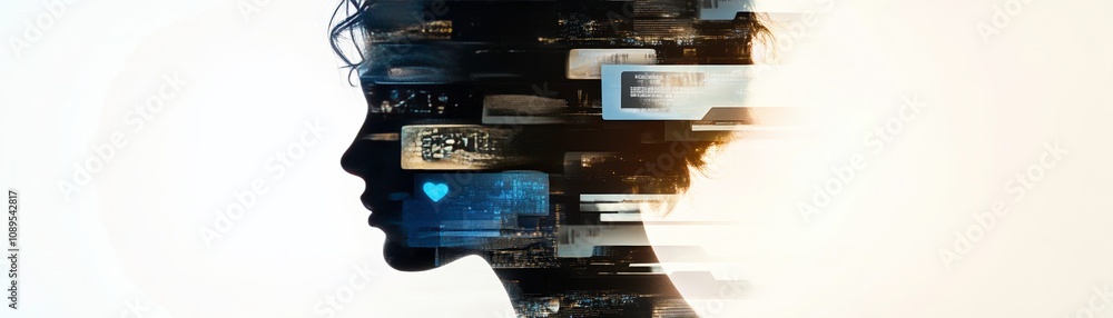 Poster human silhouette with layers of floating digital elements, representing technology and emotion. imag