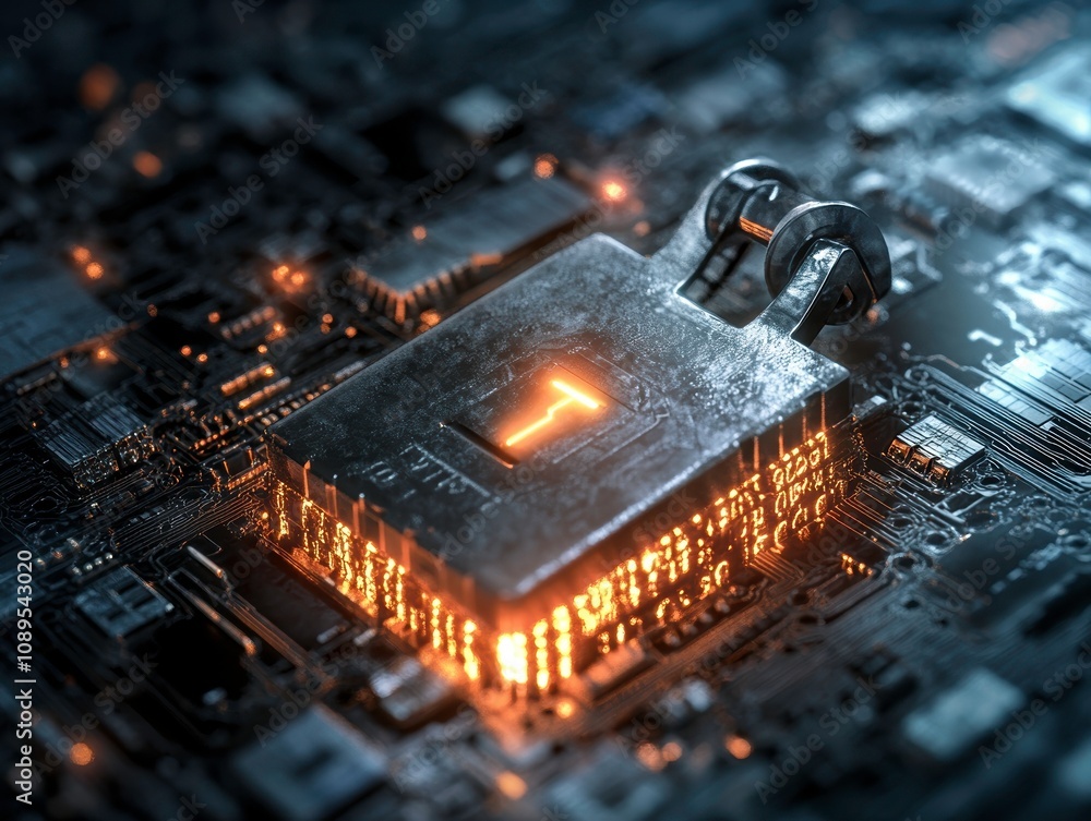 Poster glowing padlock symbolizing digital security on circuit board, representing technology and protectio