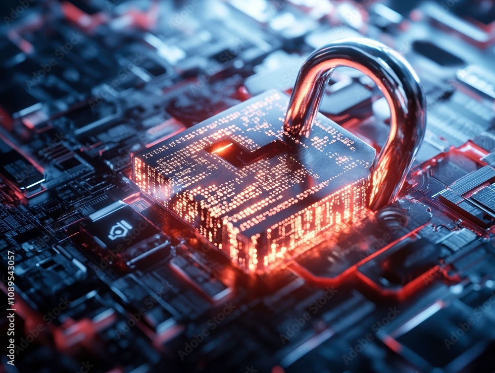 Poster glowing digital padlock on circuit board symbolizes cybersecurity and data protection. this evokes s