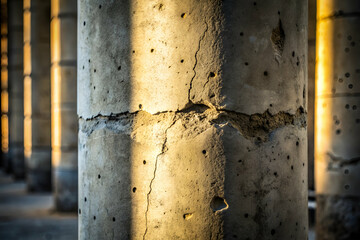 Close-up of weathered concrete pillars with visible cracks, illuminated by soft light, showcasing industrial textures and architectural details.