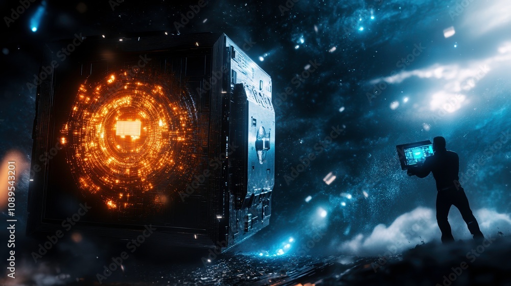 Poster digital safe glowing with encrypted files in cosmic setting, showcasing advanced technology and myst