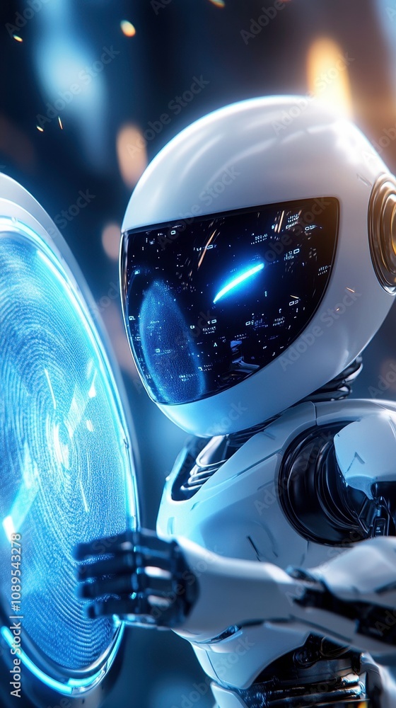 Poster privacy conscious ai robot holding glowing shield, showcasing advanced technology and futuristic des
