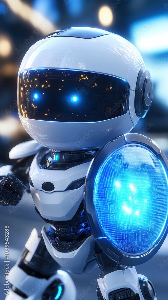 Poster privacy conscious ai robot with glowing shield stands confidently in futuristic setting, showcasing 