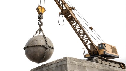  Wrecking Ball Crane Isolated on White Background, Demolition Wrecking Ball Crane Isolated  
