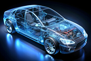 A futuristic, transparent car model showcasing its internal components with glowing blue accents against a dark background.