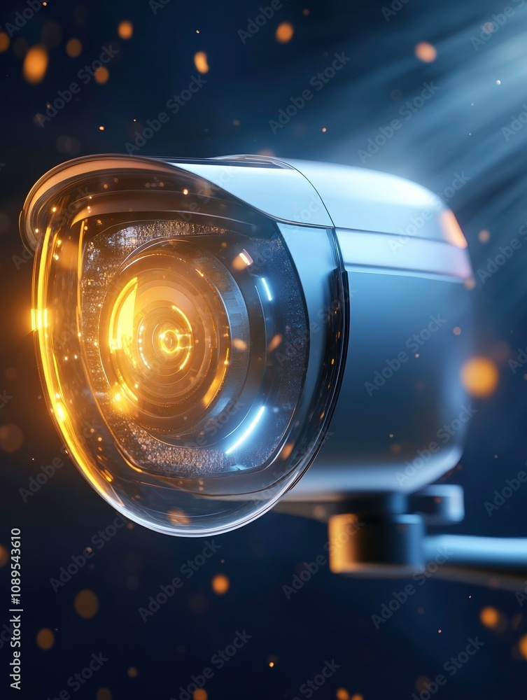 Aufkleber glowing security camera with sleek design and bright lens, capturing attention in dark environment. 