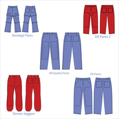 set of jeans. Pants are lower-body garments, available in various styles 
