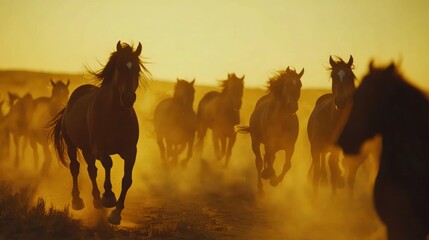 A herd of wild horses running freely across a dusty plain at dusk,