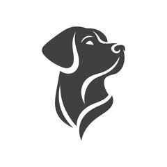 Friendly dog face logo, designed in black and white vector style, radiating a cheerful and welcoming vibe.