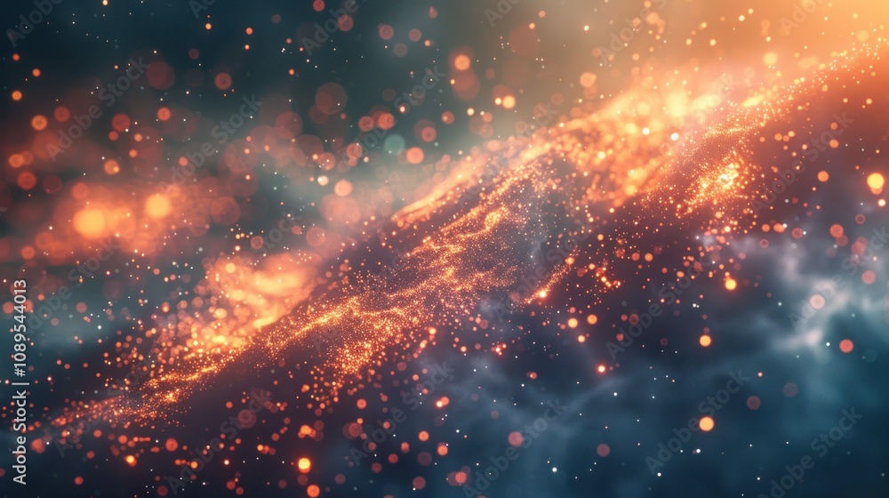 Poster abstract background with glowing particles, smoke and bokeh lights.