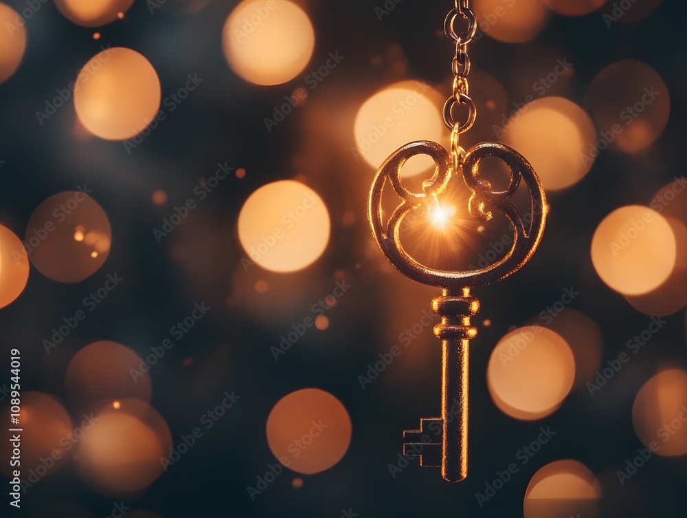 Aufkleber Enchanted Golden Key with Sparkling Light Against a Soft Bokeh Background, Symbolizing Opportunities and Adventure in a Magical Setting
