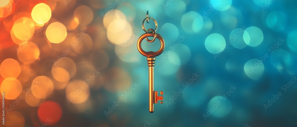 Poster shiny golden key hanging from a ring against a colorful bokeh background of orange and blue lights e