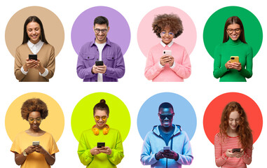 Group of smiling diverse people holding phones and texting