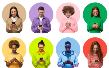 Group of smiling diverse people holding phones and texting