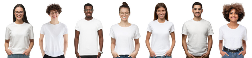 White t-shirt people. Collage of many men and women wearing blank t-shirts with copy space for your text or logo